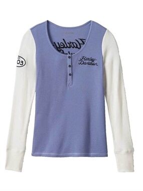 Harley Davidson - Henley Shirt Timeless Perfect Long Sleeve Top Blue White - 2XL